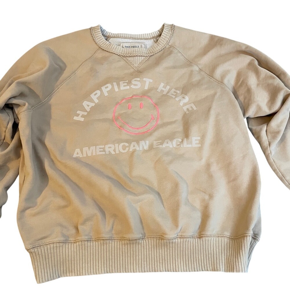 American Eagle Happiest Here Smiley‎ Face Sweatshirt Tan Beige L
